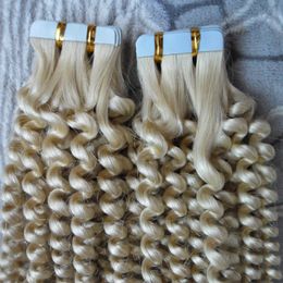 Tape In Hair Extension 100% Human Hair #613 Color 100G 16 to 24 Inch Remy Brazilian afro kinky Loose curly Tape In Human Hair 40PCS
