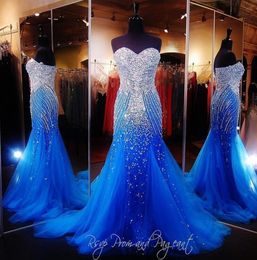 Royal Blue Mermaid Prom Dress 2019 Luxury Sweetheart Sparkly Crystal Beading Sweep Train Tulle Evening Dresses Women Formal Pageant Gowns