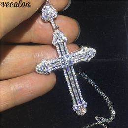 Vecalon Handamde Long Cross pendant 925 Sterling silver 5A Cz Stone cross Pendant necklace for Women Men Party Wedding JewelryVecalon Stunni