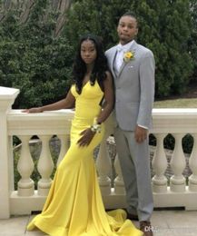 Cheap Simple African Sexy Yellow Mermaid Prom Dresses Long Black Girls V Neck Formal Evening Party Gowns Plus Size Dress Evening Wear