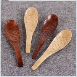 Creative Small Wooden Spoons Fish-shaped Log Spoon Japanese Wooden Tableware Hand-carved Small Wooden Spoon Kitchen Tools CCA11816-A 60pcs