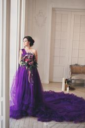 Purple Plus Size A Line Maternity Dresses One Shoulder Tiered Tulle Chapel Train Pregnant Evening Gowns Robes De Soire