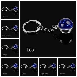 12 Constellation Keychain Fashion Double Side Cabochon Glass Ball Keychain Zodiac Signs Keyring Key Chains Jewellery Birthday Gift