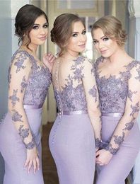Novos vestidos de dama de honra lilás Sereia pura mancha longa mangas compridas varrer os vestidos de honra com laço applique ilusão de volta formal