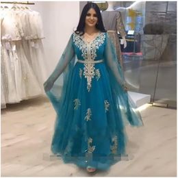 Turquoise Moroccan Kaftan Beads Evening Dresses v neck Long Sleeves Lace Appliques Tulle Belt Arabic Muslim prom gowns Special Occasion