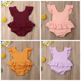 Baby Designer Clothes Infant Stripe Rompers Newborn Ruffled Sleeve Sleeveless Jumpsuit Toddler Solid Strap Bow Bodysuit Kids Clothing LT306