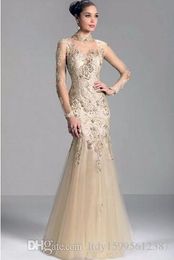 2019 New Elegant High Neck Evening Dress Long Sleeve Appliques Prom Gowns Floor-Length Formal Party Dresses Vestido De Festa 054