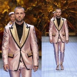 One Button Pink Satin Wedding Groom Tuxedos Peak Lapel Groomsmen Formal Prom Wear High Quality Custom Made Pants Suits(Jacket+Vest+Pants)