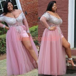 Elegant Plus Size Sequined Prom Dresses Sexy Deep V-Neck Split Party Gowns Girl Wear Long Sleeve Evening Robe de soirée Formal Pageant