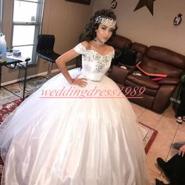 Stunning Off Shoulder Satin Arabic Wedding Dresses Church Beads Crystal Country 2019 Vestido de novia Bride Dress Cheap Bridal Ball Gowns