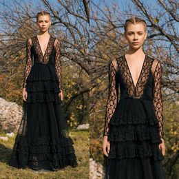 Gorgeous A Line Black Prom Dresses Deep V Neck Illusion Lace Long Sleeve Tiered Skirts Formal Evening Party Dresses