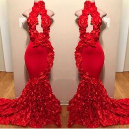 2019 Red High Neck Lace Mermaid Long Prom Dresses Keyhole 3D Rose Floral Applique Sweep Train Party Evening Gowns BC1038