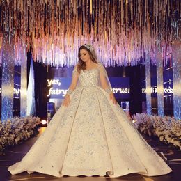 2020 Plus Size Arabic Aso Ebi Sparkly Luxurious Sexy Wedding Dresses Lace Beaded Crystals Bridal Dresses Sheer Neck Wedding Gowns ZJ556