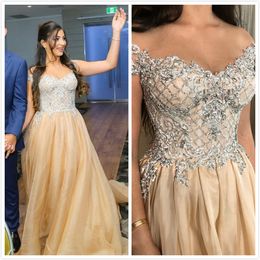 Aso Ebi 2020 Arabic Gold Lace Beaded Crystals Evening Dresses Sheer Neck Prom Dresses Sexy Formal Party Second Reception Gowns ZJ344