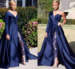 2020 Jumpsuits Evening Dresses Pant Suits A Line High Split Long Sleeve Formal Party Gowns Celebrity Dresses