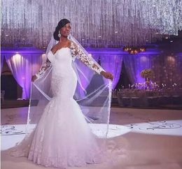 Cheap Plus Size Lace Wedding Dresses South African Mermaid Bridal Gowns Sheer Long Sleeves Lace Up Back Wedding Dress Custom Made