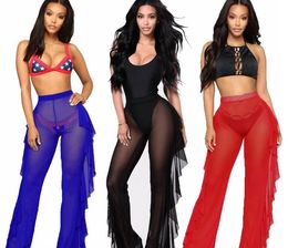 US Sexy Women Beachwear Mesh Ruffle Sheer Wide Leg Pants Bikini Cover Up 7 Colour S-2XL