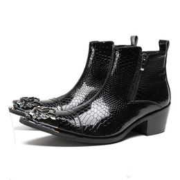 Toe High Pointed Heels Zip Man Metal Tipped Riding male paty prom shoes Patent Leather Alligator Men s Punk Rocker Ankle c