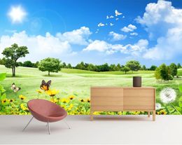 3d landscape wallpaper Blue sky, white clouds, big tree, flowers, butterfly, TV, sofa, landscape, wall