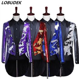 Male Latest Fashion Autumn Winter Tailcoat Flips Sequins Swallowtail Evening Party Singer Host Costume Magician Show Long Blazer Stage Wear