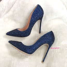 woman women lady dress shoes new dark blue navy crystal pointed toe high heels shoes pumps Rhinestone Stiletto Heel shoes