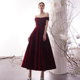 Dark Red Vintage velour Ankle Length A-line Modest Wedding Dresses Off the Shoulder Simple 1950s 60s Bridal Gowns 2019 New Arrival