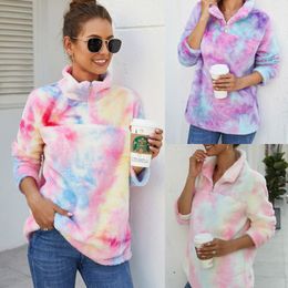 Women Gradient Pullover Sherpa Colorful Sweatshirt Long Sleeve Zip Plush Fleece tie-dyed Outwear Hoodies Coat Rainbow Tops Jackets M866