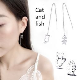 Cat fish earrings ear wire ladies sterling silver earrings stainless steel two birthday Valentine's Day gifts