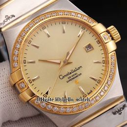 Cheap New 38mm Date 123.25.38.21.58.001 Gold Dial Miyota 8215 Automatic Watch Sapphire Diamond Bezel Two Tone Gold Case Band Gents Watches