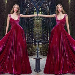 Rami Salamoun Red Prom Dresses A Line Scoop Neck Lace Appliques Beaded Velvet Evening Gowns Formal Designer Party Dresses