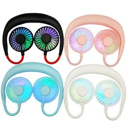 Portable LED Light Fan USB Rechargeable Neckband Lazy Neck Hanging Dual Air Cooling Fan Sport 360 Degree Rotating Hanging Neck Fan 1200mA