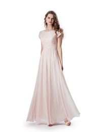 Blushing Pink Lace Chiffon A-line Long Modest Bridesmaid Dresses With Petal Sleeves O Neck Floor Length Formal Modest Bridesmaid Gowns Dress