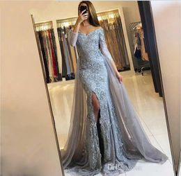 Arabic Pageant Grey Prom Dresses 2023 New Elegant Off Shoulders appliqued Beaded Long Sleeves Plus Size Women Formal Evening Party Gowns 108