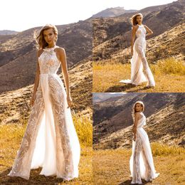 Crystal Design 2020 Wedding Jumpsuits Jewel Neck Detachable Overskirts Chiffon Boho Wedding Dress Garden A Line Bohemian Bridal Gowns