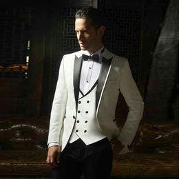 Slim Fit White Groom Tuxedos Black Peak Lapel Groomsman Wedding Tuxedos Fashion Men Prom Jacket Blazer 3Piece Suit(Jacket+Pants+Tie+Vest)862