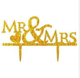 black silver wedding cakes UK - Mr and Mrs with heart Wedding Cake Toppers Acrylic Party Decoration Cupcake Stand Wedding cake topper