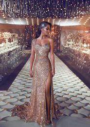 Sheath Sexy Gold Sequin African Elegant Formal Evening Dresses Split Front Long 2019 New special occasion dresses Party Prom