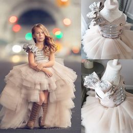 Hi-lo Flower Girl Dresses V-neck Sleeveless Appliqued Bow Crystal Button First Communion Dress Tiered Sweep Train Tulle Pageant Gown