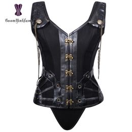 Shoulder Straps Women's Faux Leather Corset Bustier Clubwear Costumes Gothic Stampunk Corsets With Chain 837#