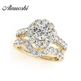 AINUOSHI 925 Sterling Silver Women Yellow Gold Colour 1 Carat Round Cut Anniversary Halo Bridal Ring Set Jewellery anillos de plata Y200106