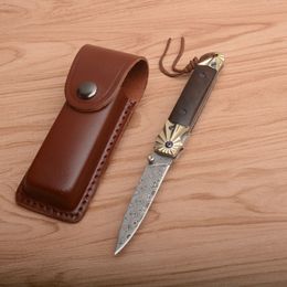 High End 2020 New Damascus Collecting Folding Blade Knife Damascus Steel Blade Copper + Ebony Handle Pocket Knives With Leather Sheath