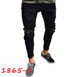 Jeans skinny da uomo Pantaloni denim da motociclista slim casual alla moda con foro per il ginocchio Hiphop strappato lavato invecchiato