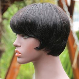 Pixie Cut Straight Short Human Hair Wig With Bangs For Black Women Cheap Non-Lace Machine Made Peruvian Remy Glueless Natural Bob Wigs