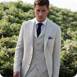 Beige Men Suits Linen Mens Wedding Suits Bridegroom Custom Made Slim Fit Formal Groom Wear Prom Tuxedos Blazer Best Man Trajes De Hombre