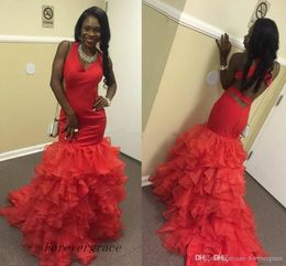 2019 Cheap New Red Mermaid Prom Dress V-neck Backless Tiers Skirt Sleeveless Long Formal Holidays Evening Party Gown Custom Made Plus Size