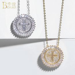 BOAKO Crystal Rhinestone Cross Necklace Women Gold Silver Colour Round Circle Pendant Necklace Long Chain Hiphop Jewellery