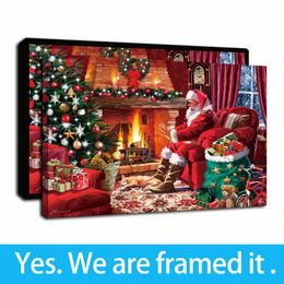 Framed Artwork Christmas Santa Claus Oil Paintings Print on Canvas Wall Art Paintings Picture Poster for Home Decor - Ready To Hang