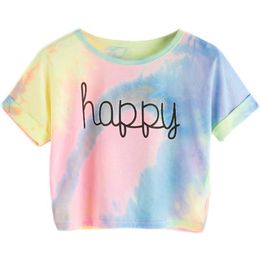 Happy Rainbow Pastel Tie Dye T -Shirt Women Letter Print Tee Beach -To -Bar Night Club Party Short Crop T-Shirts Summer Female Trend