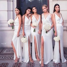 2019 Cheap Sheath White Bridesmaid Dresses Long Simple Designs Sexy Long Party Prom Dresses Split Front