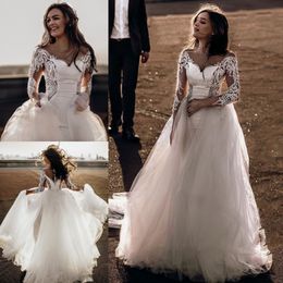 Amazing Mermaid Lace Wedding Dresses With Detachable Train Sheer Bateau Neck Long Sleeves Bridal Gowns Tulle Trumpet robe de mariée